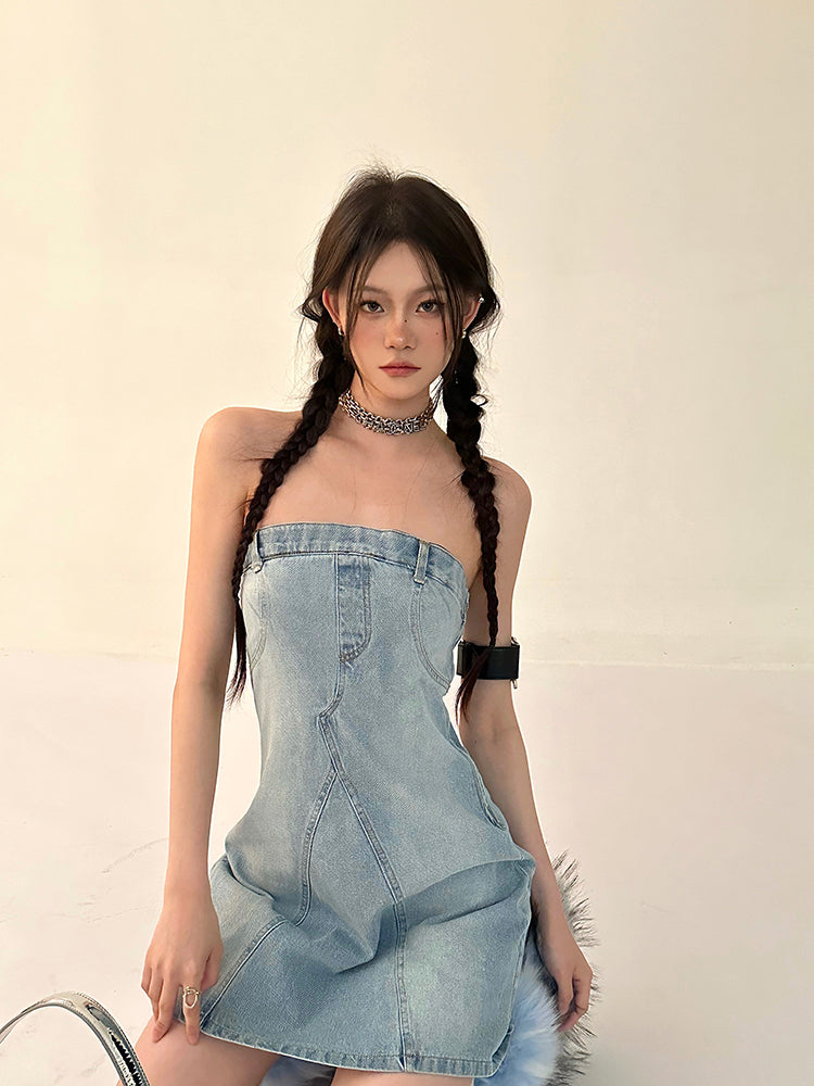 Zllkl Oriel Denim Blue Washed Vintage Sleeveless Bandeau Mini Dress