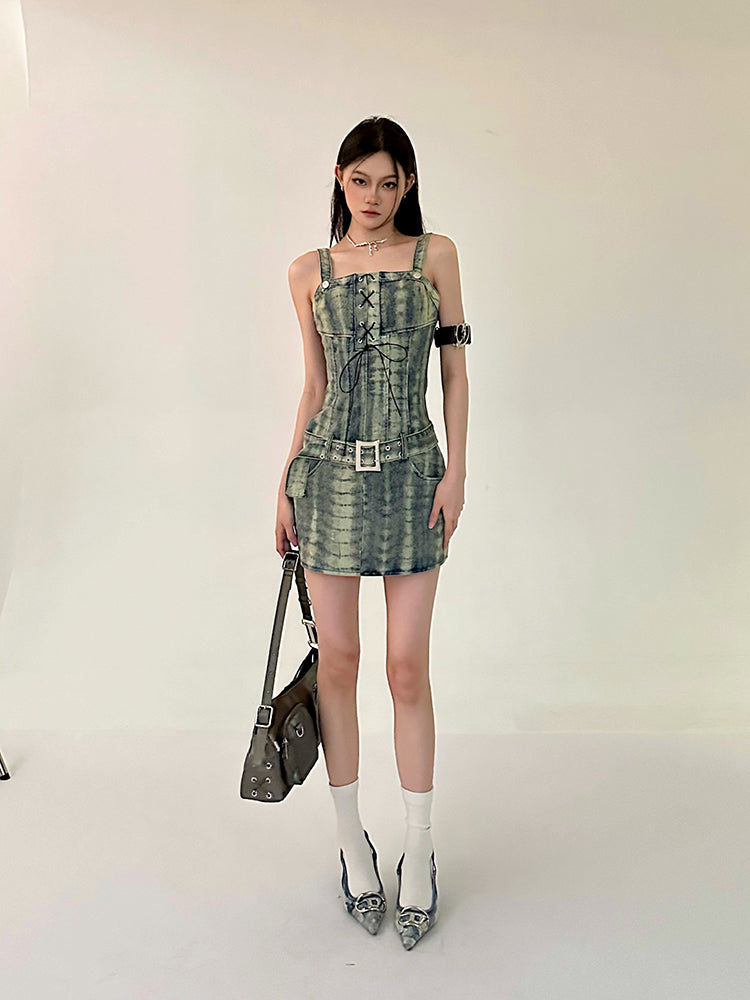 Zllkl Dania Denim Washed Pattern Wide Strap Lace Up Waist Belt Slim Mini Dress