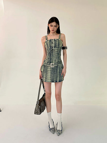 Zllkl Dania Denim Washed Pattern Wide Strap Lace Up Waist Belt Slim Mini Dress