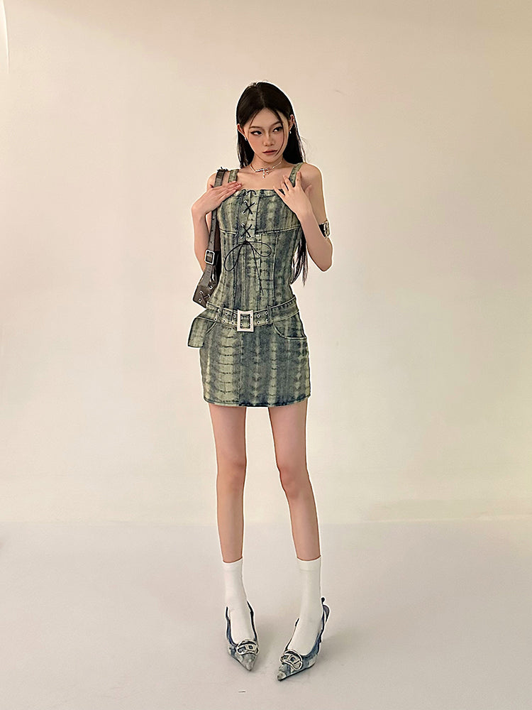Zllkl Dania Denim Washed Pattern Wide Strap Lace Up Waist Belt Slim Mini Dress