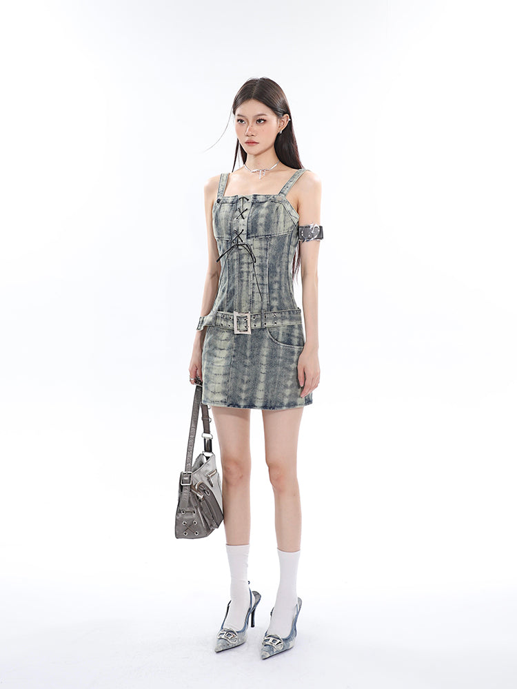 Zllkl Dania Denim Washed Pattern Wide Strap Lace Up Waist Belt Slim Mini Dress