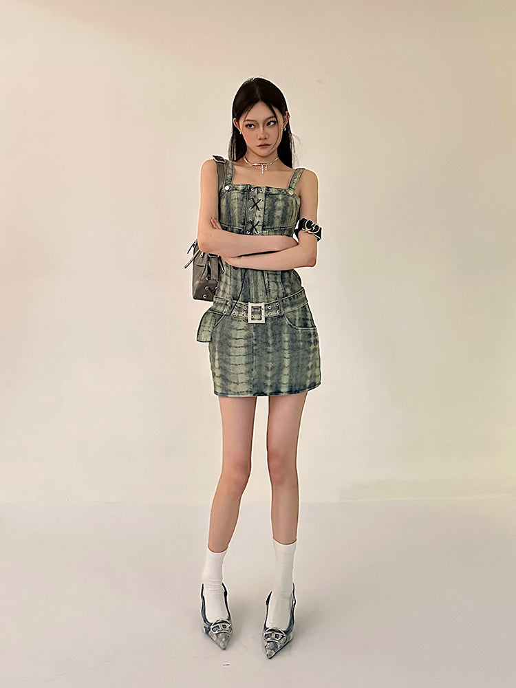 Zllkl Dania Denim Washed Pattern Wide Strap Lace Up Waist Belt Slim Mini Dress