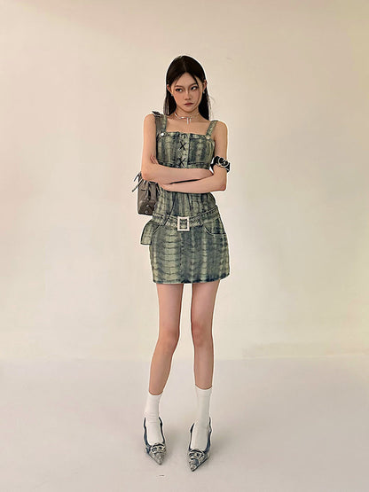 Zllkl Dania Denim Washed Pattern Wide Strap Lace Up Waist Belt Slim Mini Dress