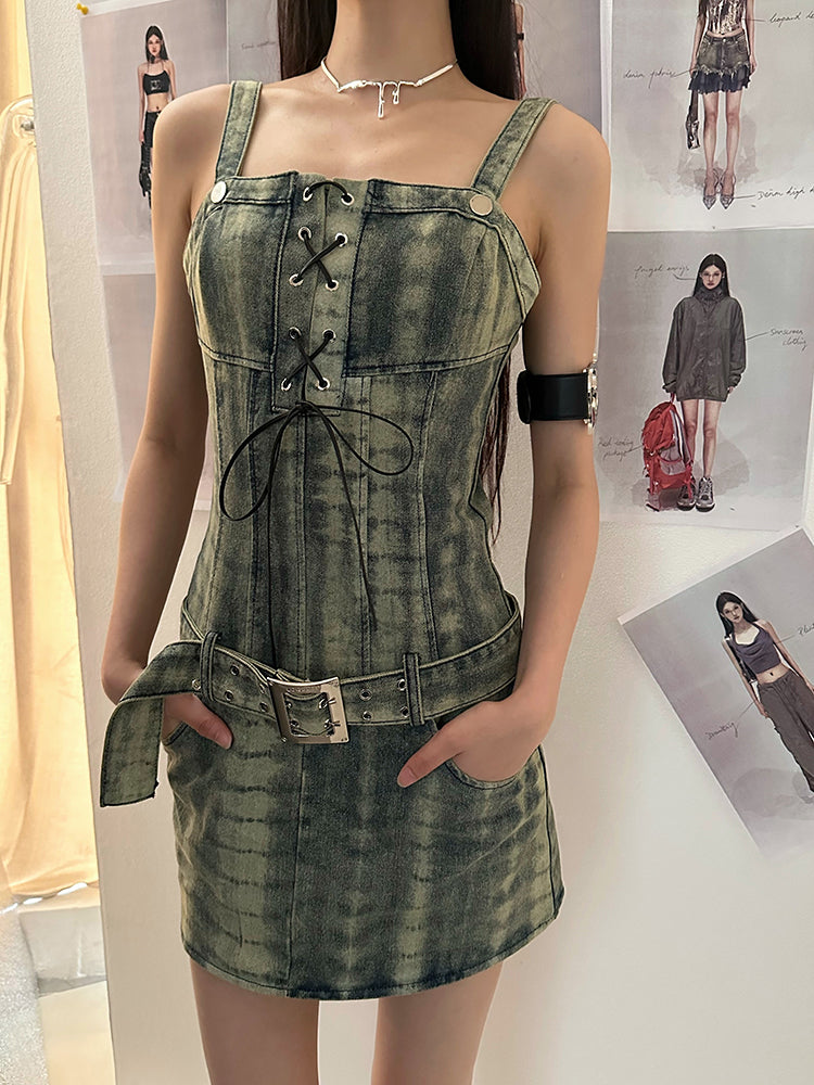Zllkl Dania Denim Washed Pattern Wide Strap Lace Up Waist Belt Slim Mini Dress