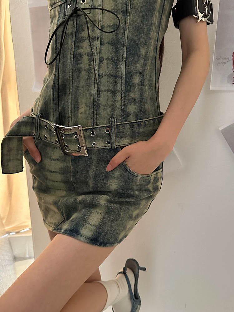 Zllkl Dania Denim Washed Pattern Wide Strap Lace Up Waist Belt Slim Mini Dress