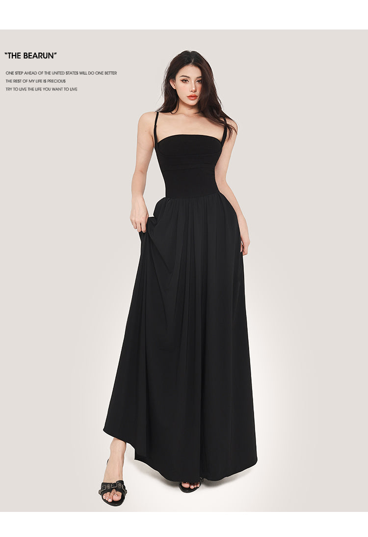 Zllkl Jaidee Solid Color Black Two Piece Spaghetti Strap Bandeau Sleeveless Slim A-Line Long Flowing Midi Dress