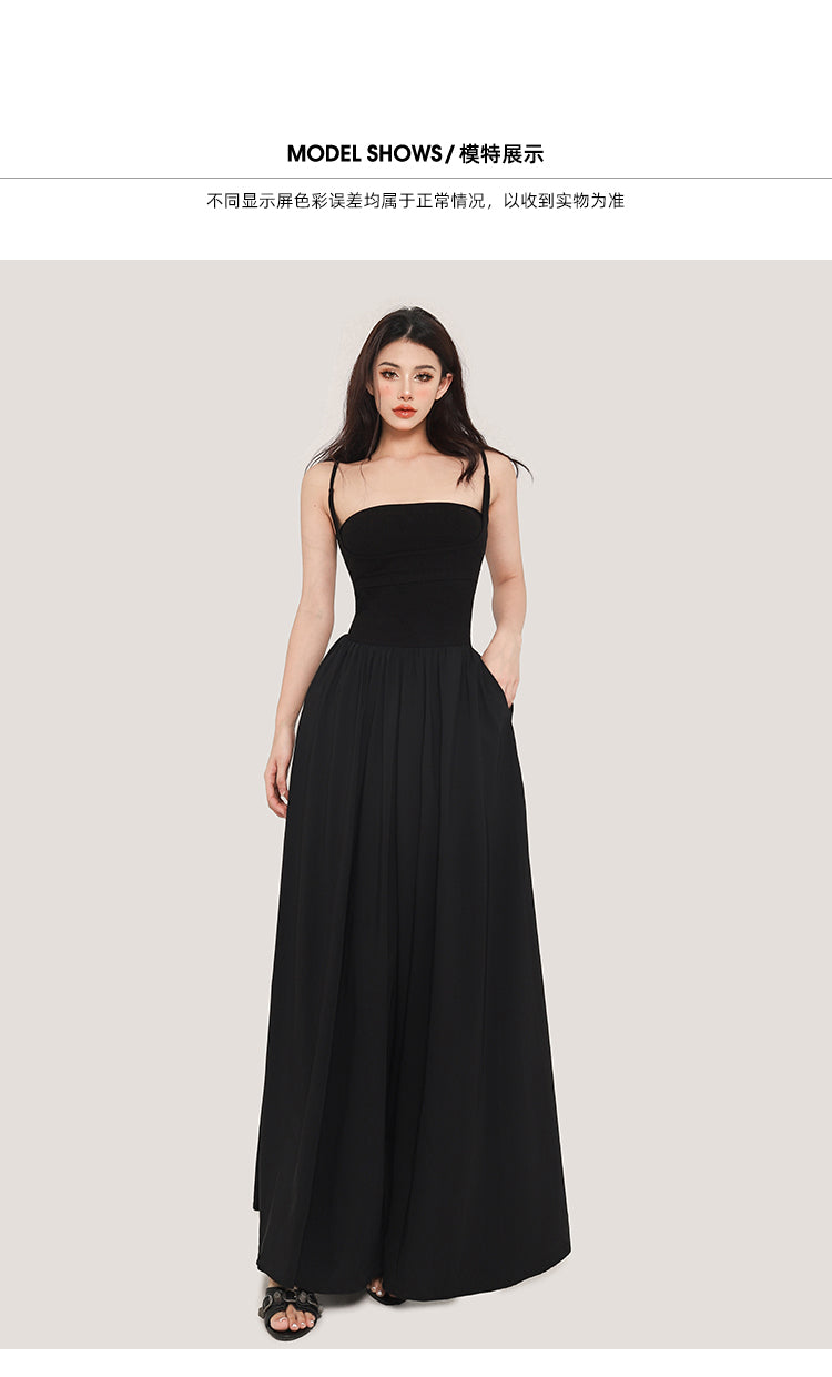 Zllkl Jaidee Solid Color Black Two Piece Spaghetti Strap Bandeau Sleeveless Slim A-Line Long Flowing Midi Dress