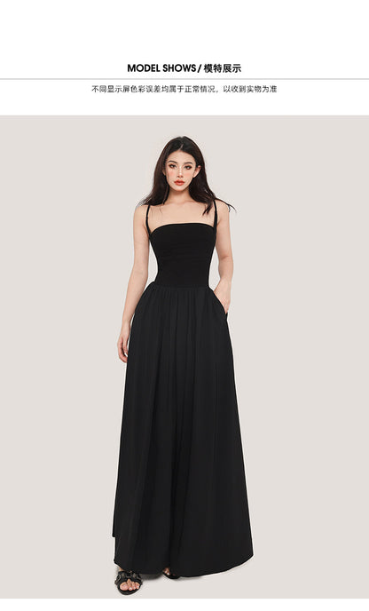 Zllkl Jaidee Solid Color Black Two Piece Spaghetti Strap Bandeau Sleeveless Slim A-Line Long Flowing Midi Dress