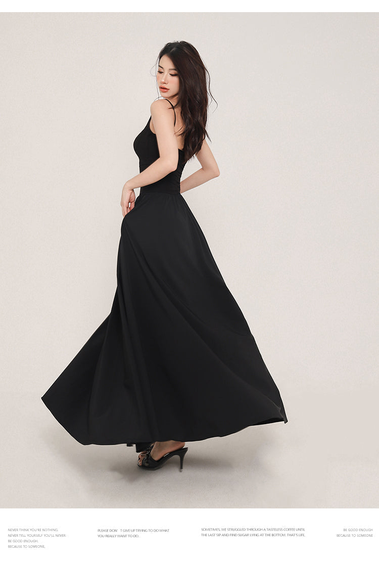 Zllkl Jaidee Solid Color Black Two Piece Spaghetti Strap Bandeau Sleeveless Slim A-Line Long Flowing Midi Dress