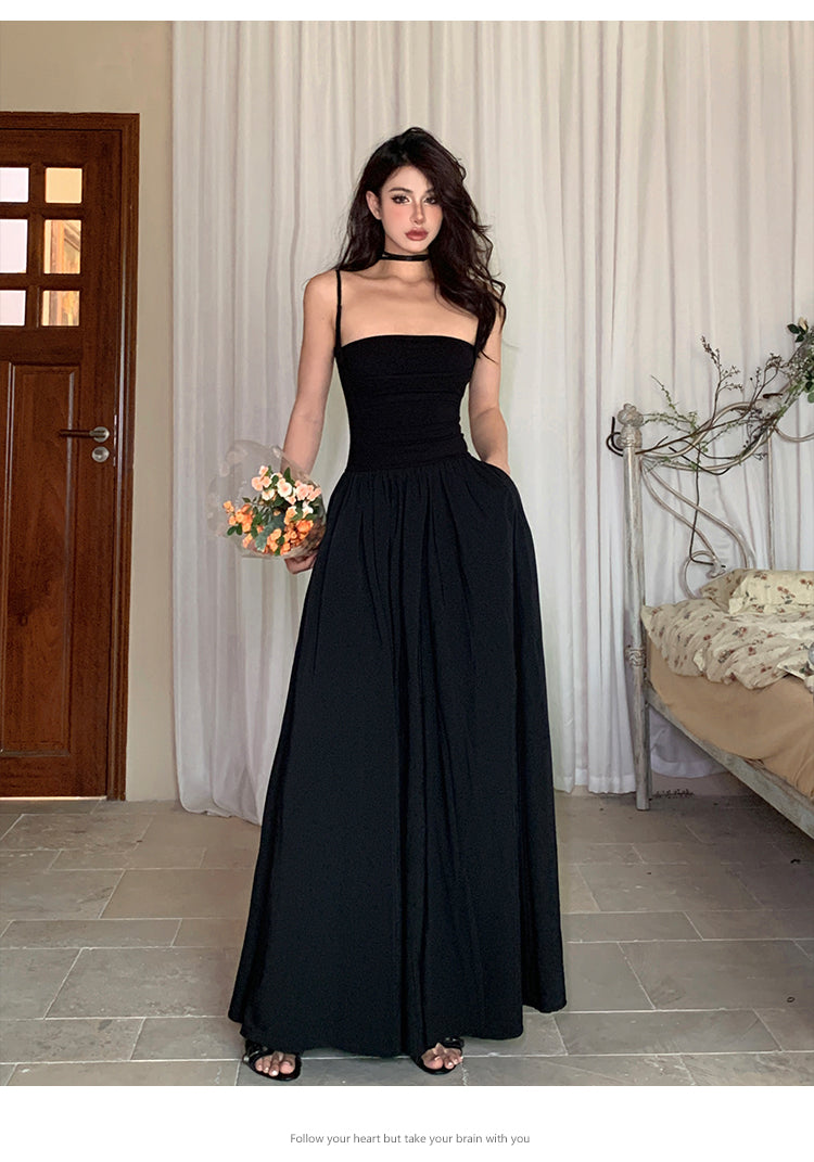 Zllkl Jaidee Solid Color Black Two Piece Spaghetti Strap Bandeau Sleeveless Slim A-Line Long Flowing Midi Dress