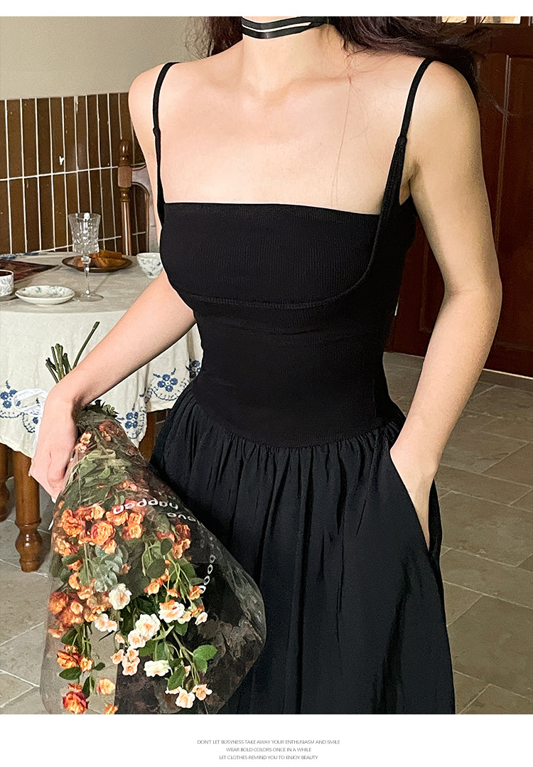 Zllkl Jaidee Solid Color Black Two Piece Spaghetti Strap Bandeau Sleeveless Slim A-Line Long Flowing Midi Dress