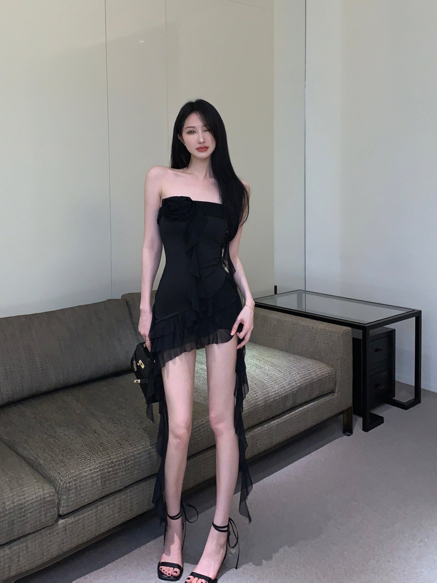 Zllkl Lily Solid Color Black Bandeau One-Shoulder Slip Tassel Slim Mini Dress