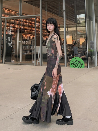 Zllkl Kiara Chinese Floral Print Dark Sweet Spaghetti Strap V-Neck Contrast Fishtail Design Long Dress