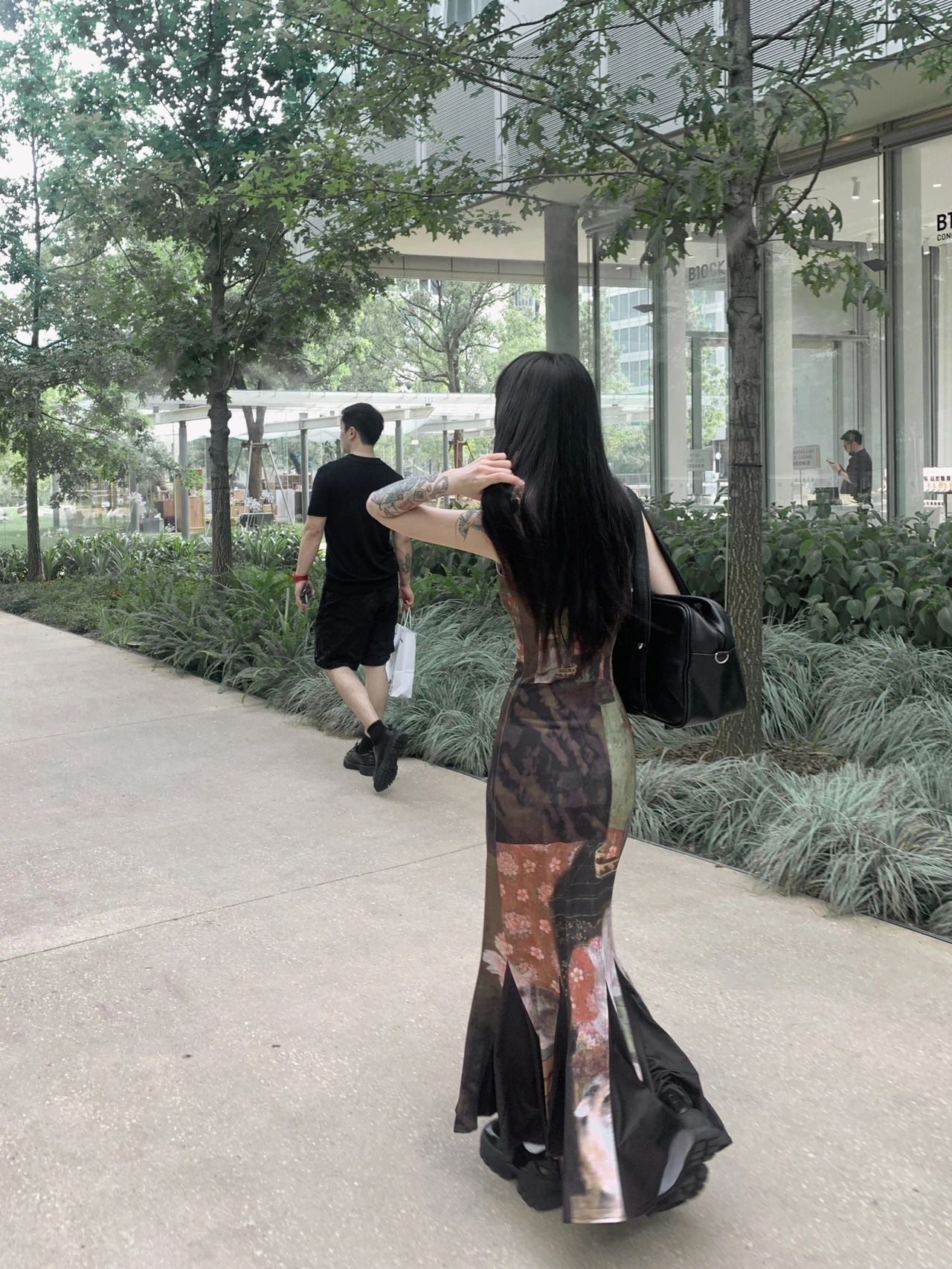 Zllkl Kiara Chinese Floral Print Dark Sweet Spaghetti Strap V-Neck Contrast Fishtail Design Long Dress