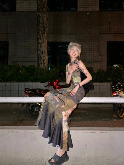 Zllkl Kiara Chinese Floral Print Dark Sweet Spaghetti Strap V-Neck Contrast Fishtail Design Long Dress