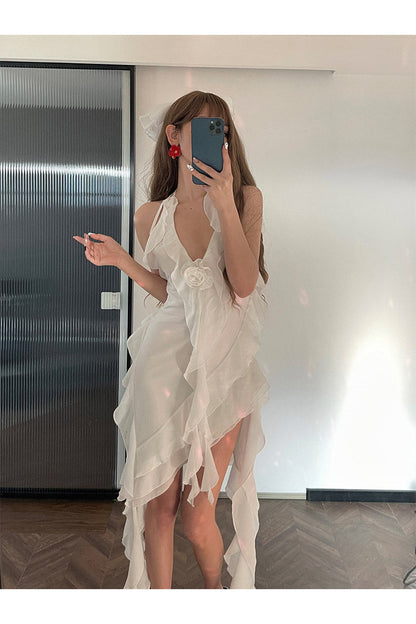 Zllkl Nola Solid Color V-Neck Ruffled Panels Halter Neck Irregular Sheer Tassel Dress