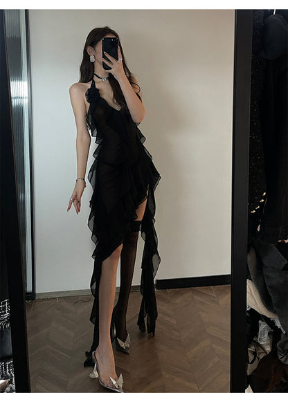 Zllkl Nola Solid Color V-Neck Ruffled Panels Halter Neck Irregular Sheer Tassel Dress