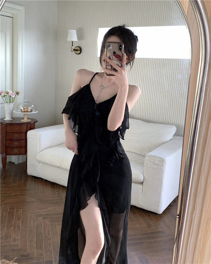 Zllkl Barbra Solid Color Pink Mesh Slip Midi Irregular Ruffled A-line Split Dress