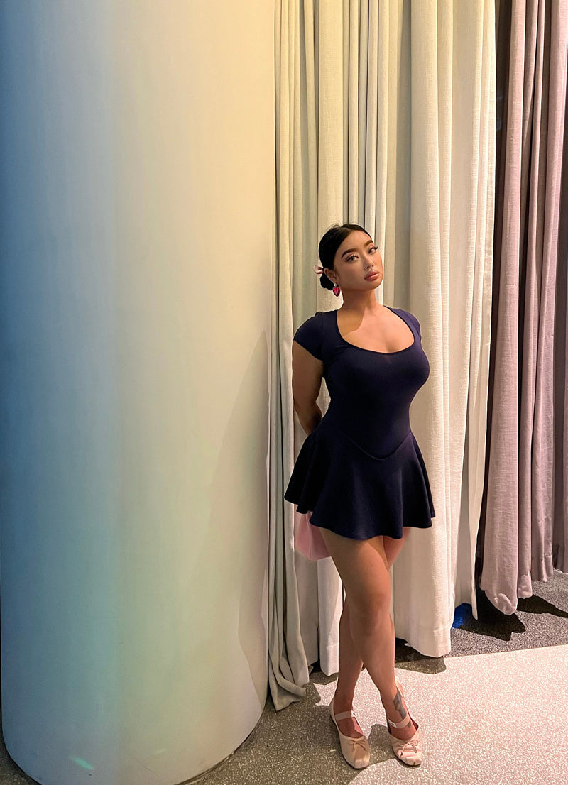 Zllkl Vianna Solid Color Balletcore U-Neck Stretch-Neck Short-Sleeved Pleated V-Waist Mini Dress