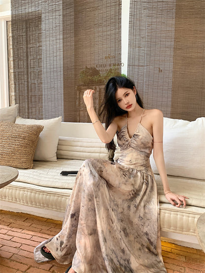 Zllkl Kila Tie-Dye & Solid Color Slip Backless V-Neck Sleeveless Long Flowing A-Line Maxi Dress