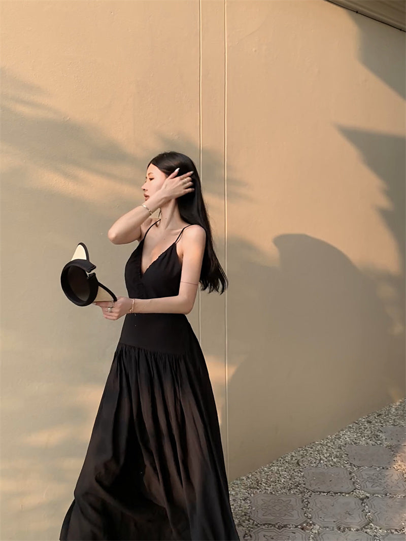 Zllkl Kila Tie-Dye & Solid Color Slip Backless V-Neck Sleeveless Long Flowing A-Line Maxi Dress