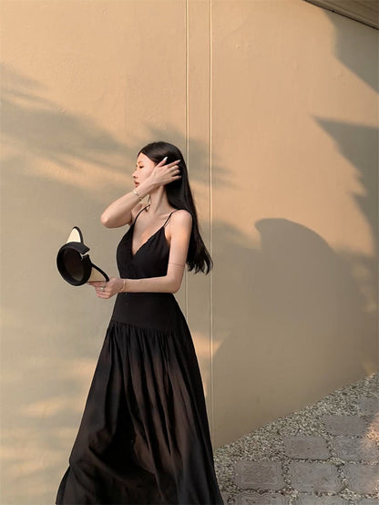 Zllkl Kila Tie-Dye & Solid Color Slip Backless V-Neck Sleeveless Long Flowing A-Line Maxi Dress