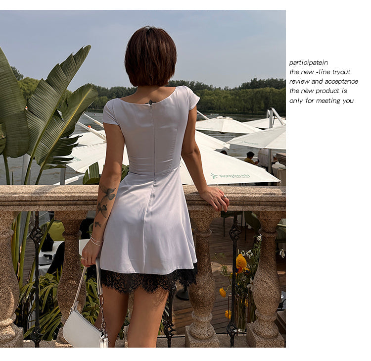Zllkl Diaz Contrast Color French Haze Blue Lace Irregular Short Sleeve Balletcore Mini Dress