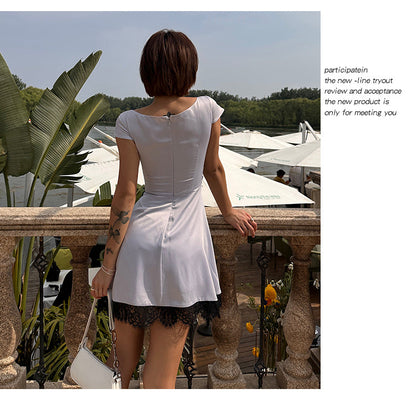 Zllkl Diaz Contrast Color French Haze Blue Lace Irregular Short Sleeve Balletcore Mini Dress