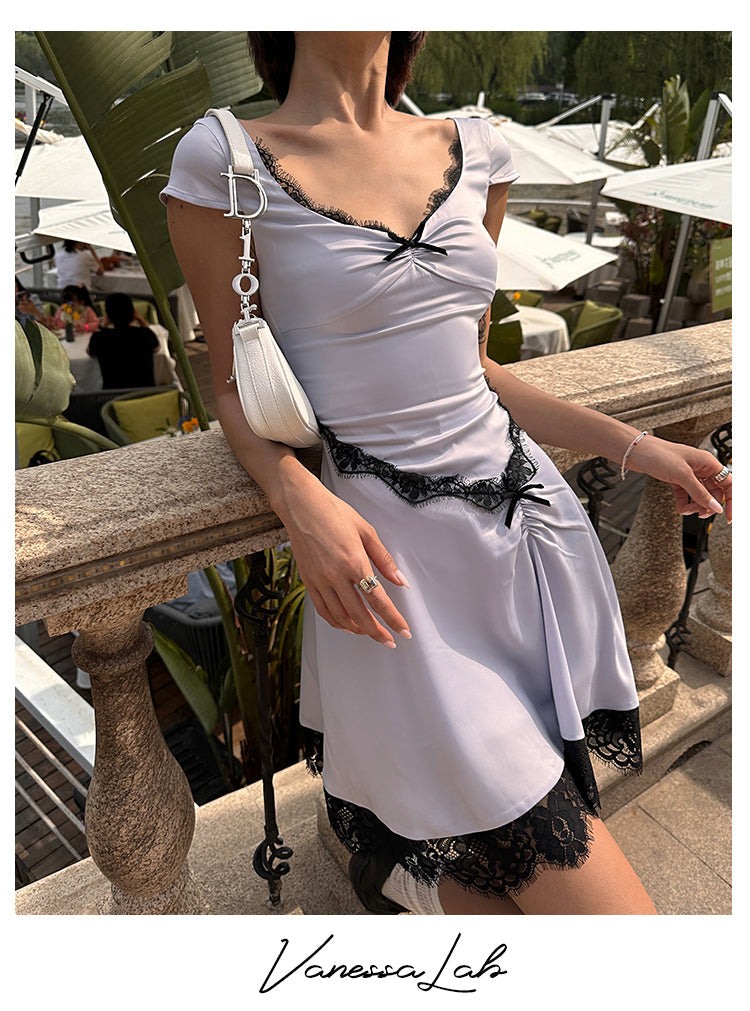 Zllkl Diaz Contrast Color French Haze Blue Lace Irregular Short Sleeve Balletcore Mini Dress