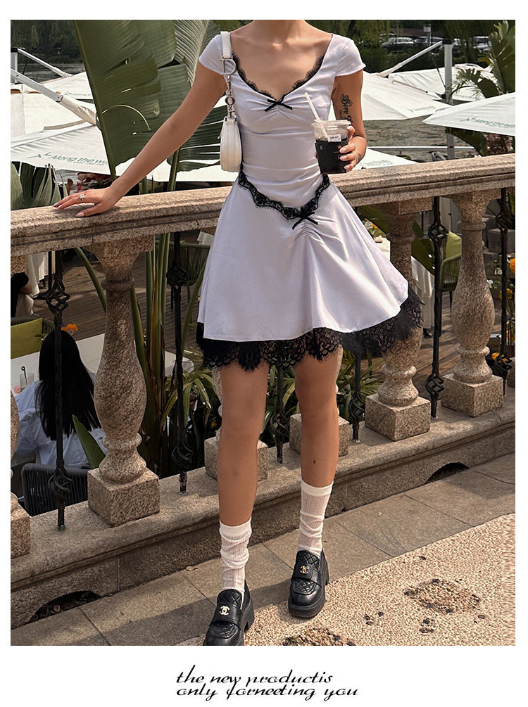 Zllkl Diaz Contrast Color French Haze Blue Lace Irregular Short Sleeve Balletcore Mini Dress