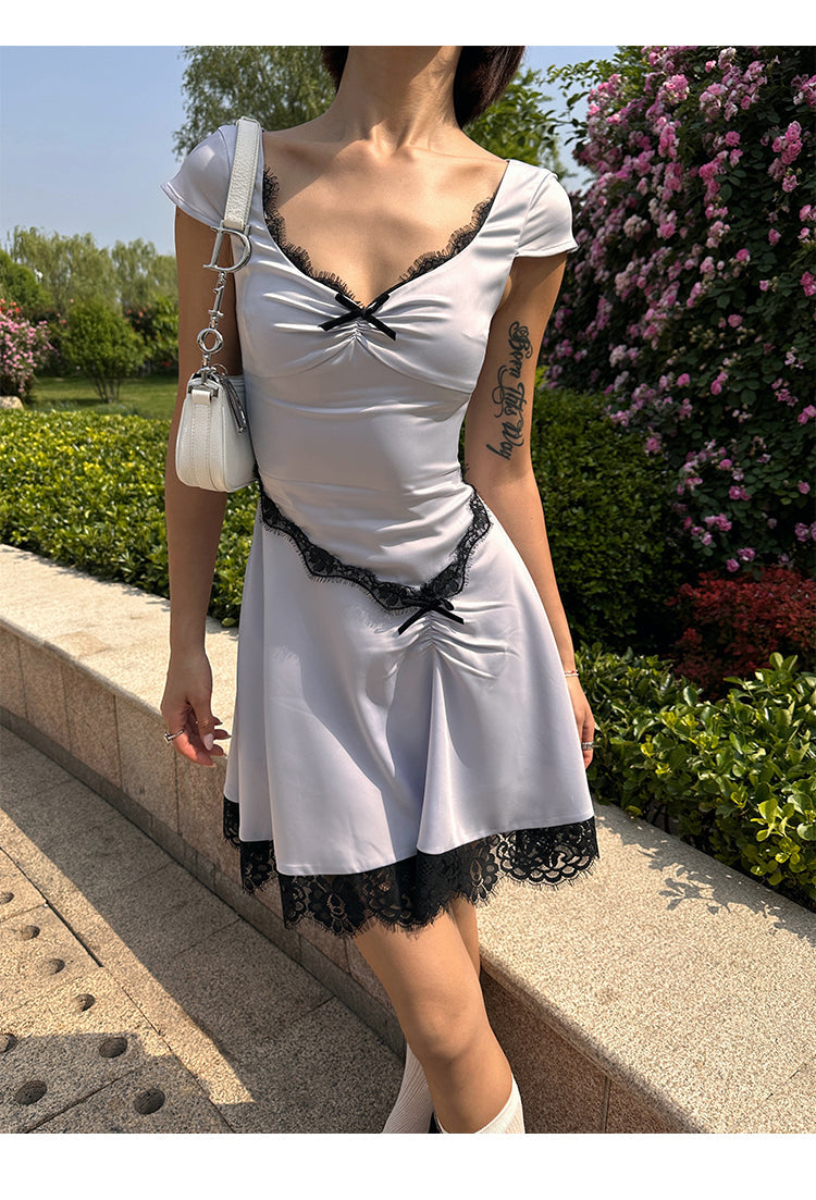 Zllkl Diaz Contrast Color French Haze Blue Lace Irregular Short Sleeve Balletcore Mini Dress