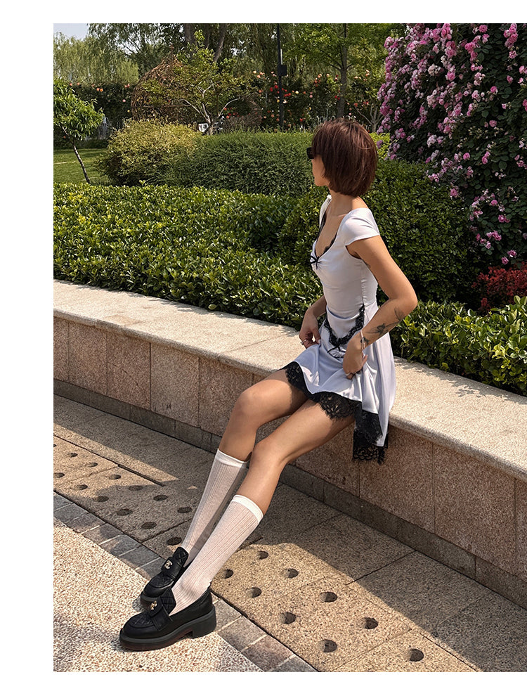 Zllkl Diaz Contrast Color French Haze Blue Lace Irregular Short Sleeve Balletcore Mini Dress