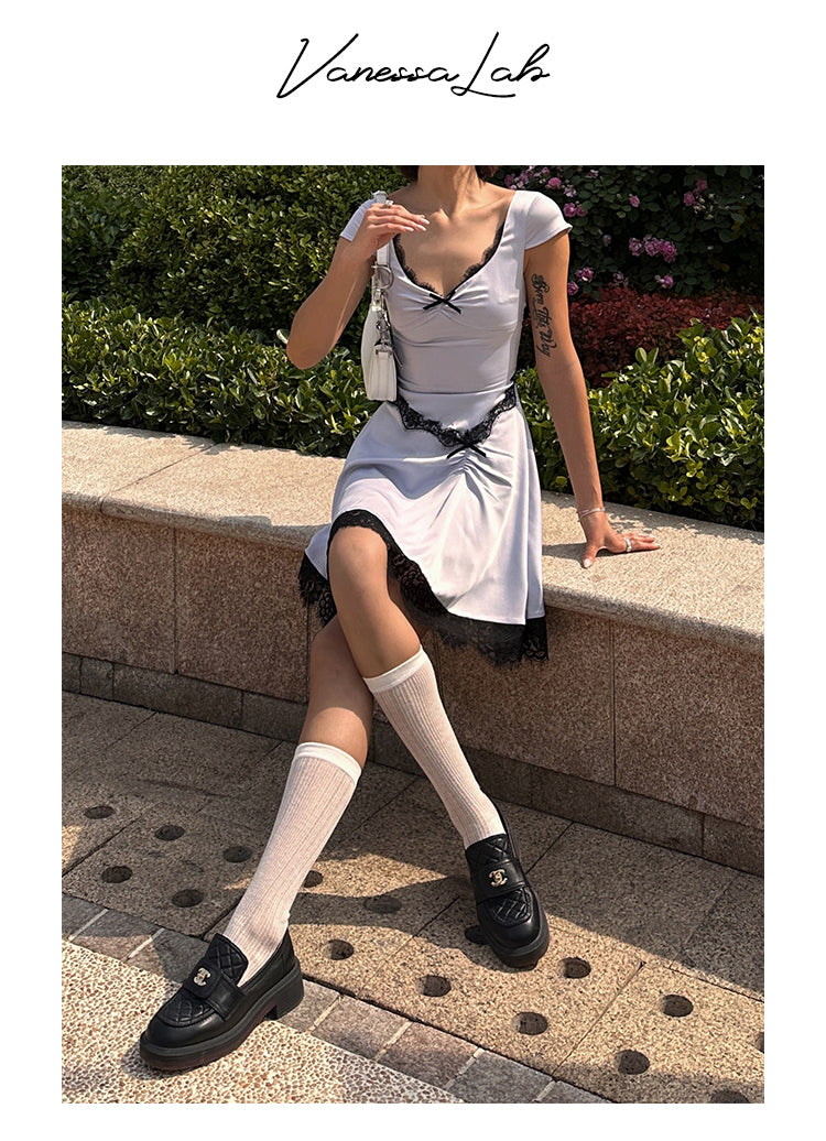 Zllkl Diaz Contrast Color French Haze Blue Lace Irregular Short Sleeve Balletcore Mini Dress