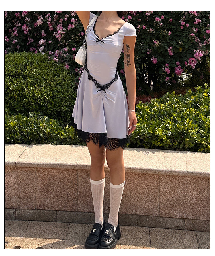 Zllkl Diaz Contrast Color French Haze Blue Lace Irregular Short Sleeve Balletcore Mini Dress