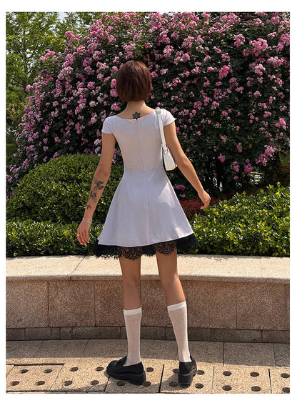 Zllkl Diaz Contrast Color French Haze Blue Lace Irregular Short Sleeve Balletcore Mini Dress