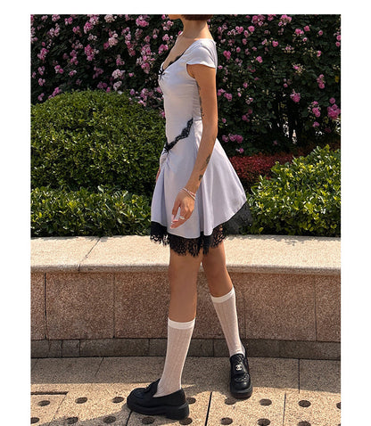 Zllkl Diaz Contrast Color French Haze Blue Lace Irregular Short Sleeve Balletcore Mini Dress