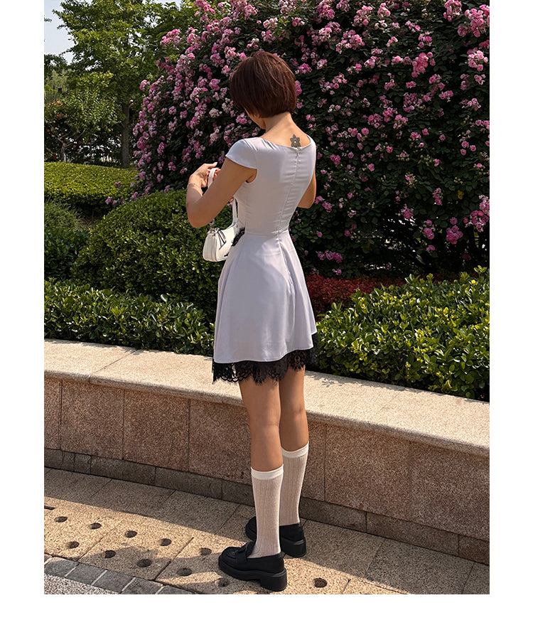 Zllkl Diaz Contrast Color French Haze Blue Lace Irregular Short Sleeve Balletcore Mini Dress