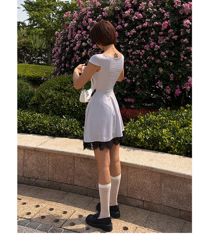 Zllkl Diaz Contrast Color French Haze Blue Lace Irregular Short Sleeve Balletcore Mini Dress