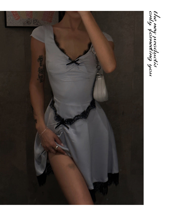 Zllkl Diaz Contrast Color French Haze Blue Lace Irregular Short Sleeve Balletcore Mini Dress
