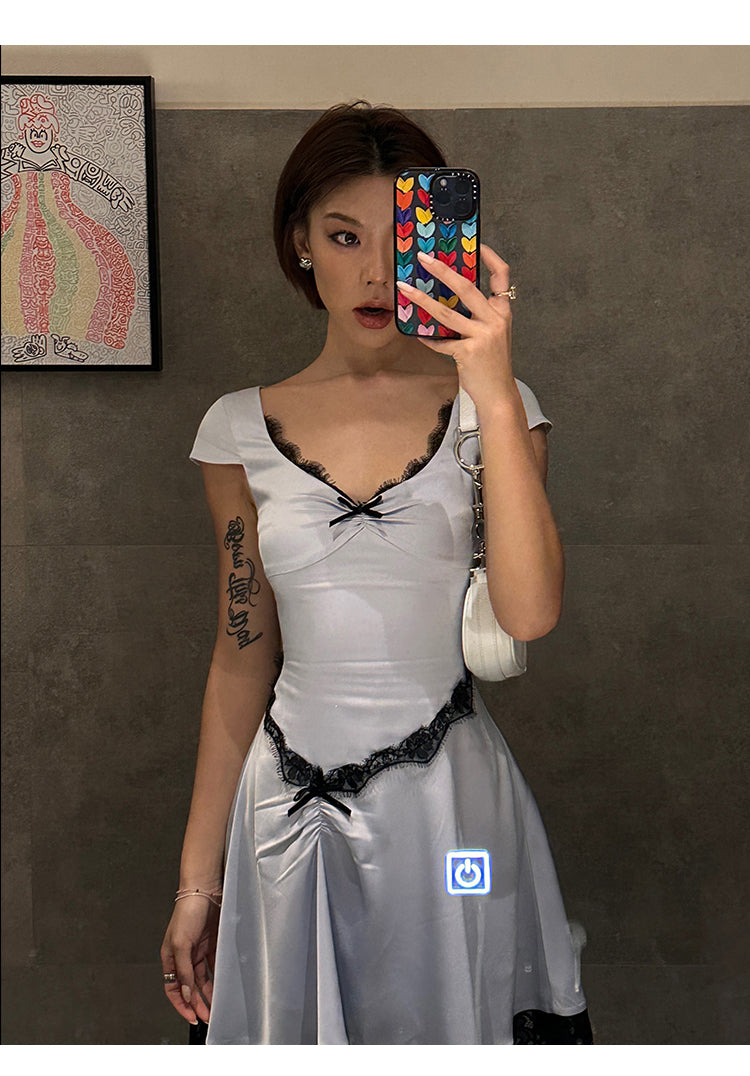 Zllkl Diaz Contrast Color French Haze Blue Lace Irregular Short Sleeve Balletcore Mini Dress