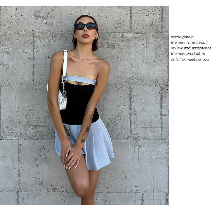 Zllkl Latiana Contrast Color Haze Blue Paneled Bandeau Stretch Pleated Mini Dress