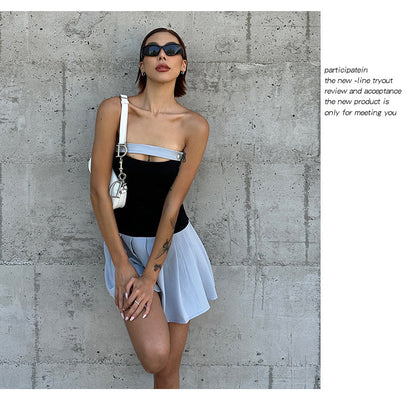 Zllkl Latiana Contrast Color Haze Blue Paneled Bandeau Stretch Pleated Mini Dress