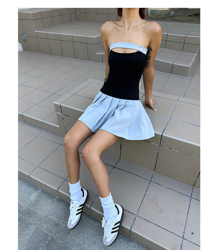 Zllkl Latiana Contrast Color Haze Blue Paneled Bandeau Stretch Pleated Mini Dress