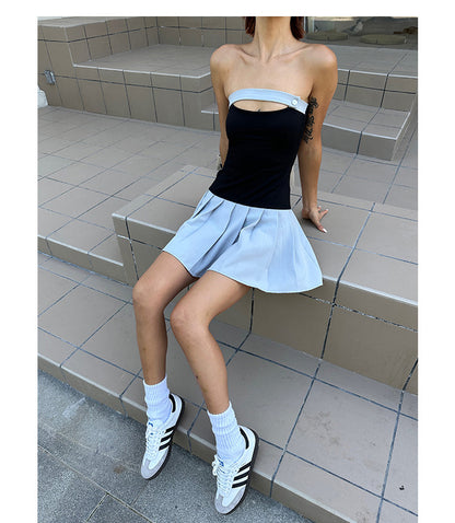 Zllkl Latiana Contrast Color Haze Blue Paneled Bandeau Stretch Pleated Mini Dress