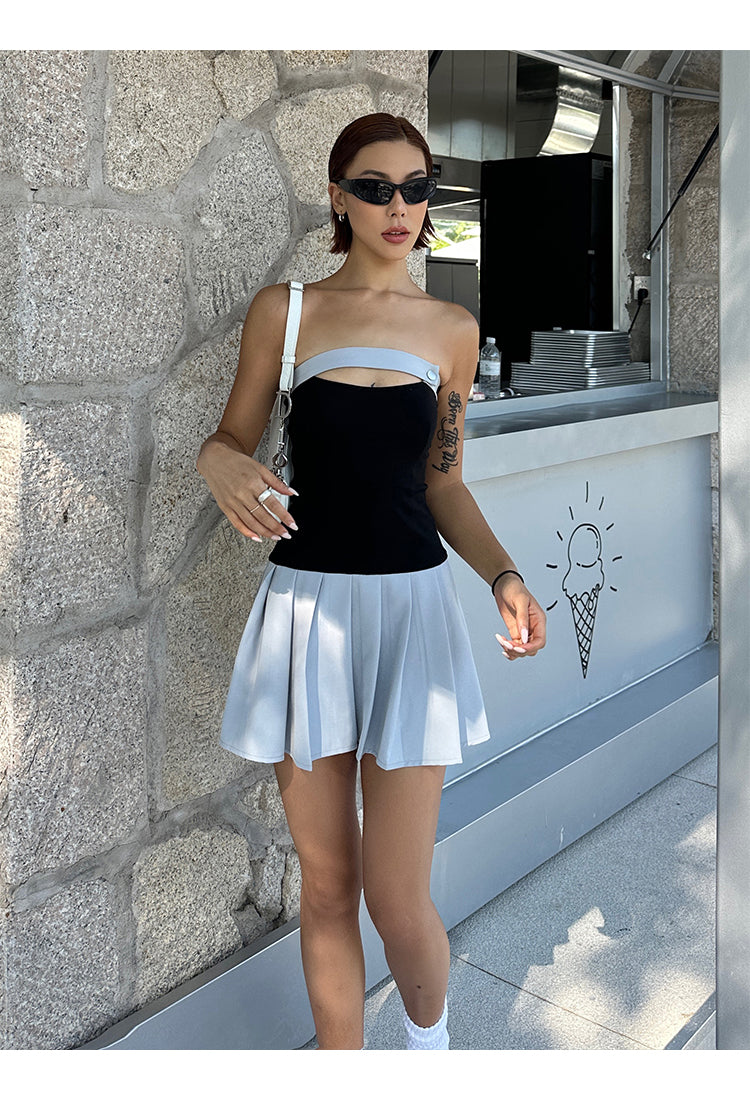Zllkl Latiana Contrast Color Haze Blue Paneled Bandeau Stretch Pleated Mini Dress