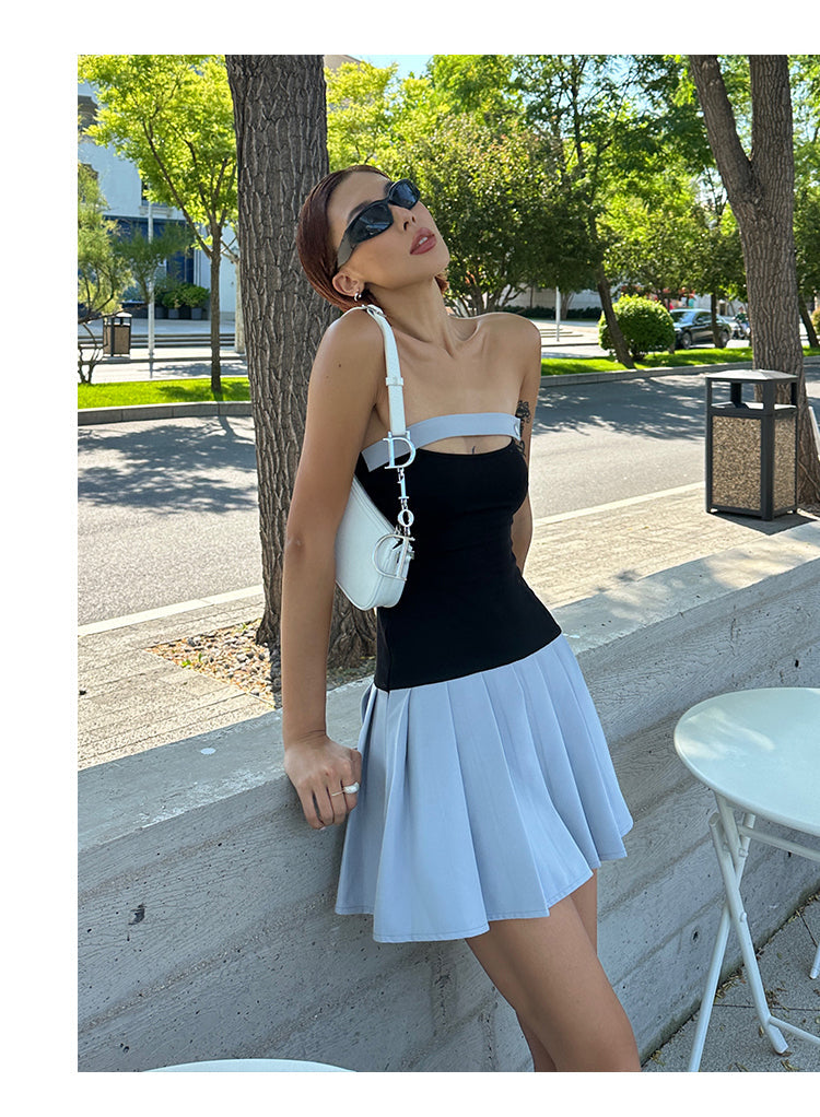 Zllkl Latiana Contrast Color Haze Blue Paneled Bandeau Stretch Pleated Mini Dress