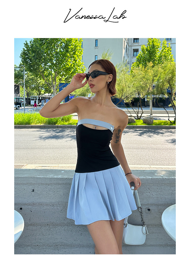 Zllkl Latiana Contrast Color Haze Blue Paneled Bandeau Stretch Pleated Mini Dress