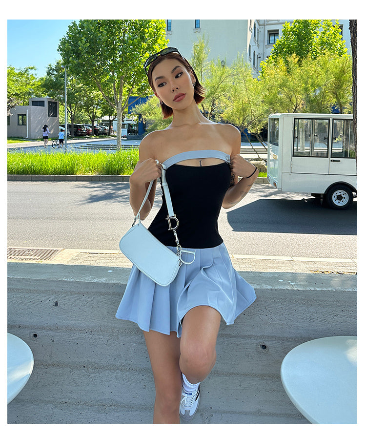 Zllkl Latiana Contrast Color Haze Blue Paneled Bandeau Stretch Pleated Mini Dress