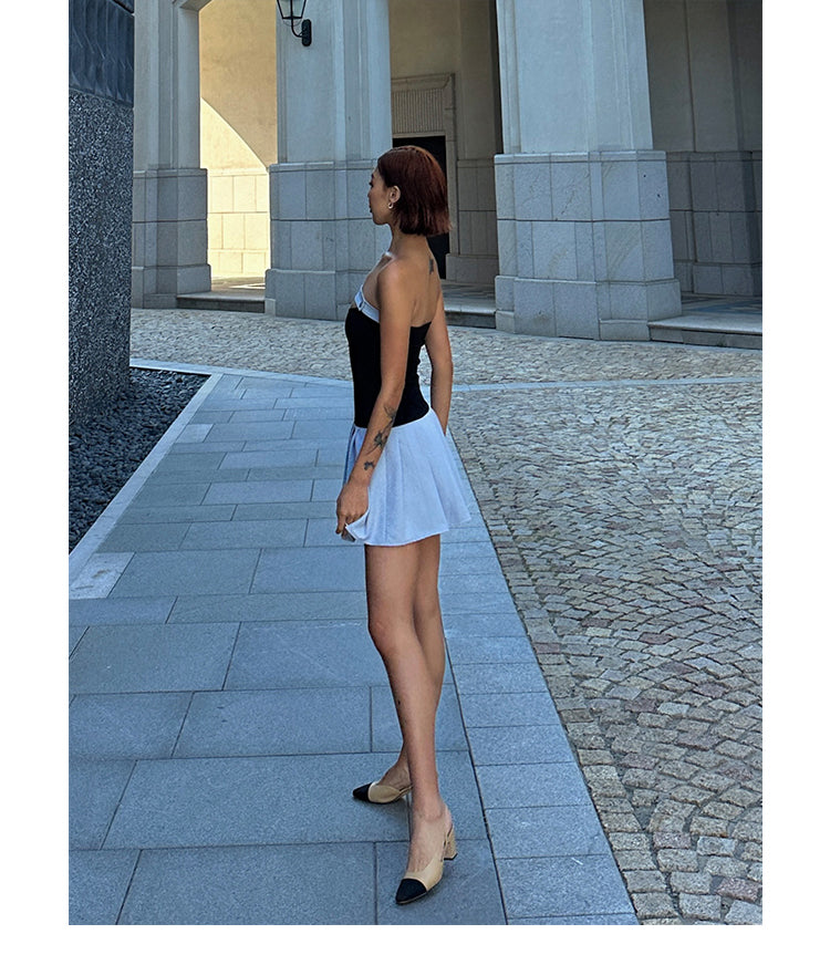 Zllkl Latiana Contrast Color Haze Blue Paneled Bandeau Stretch Pleated Mini Dress
