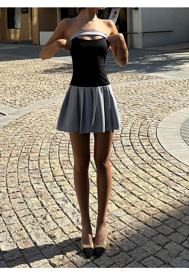 Zllkl Latiana Contrast Color Haze Blue Paneled Bandeau Stretch Pleated Mini Dress